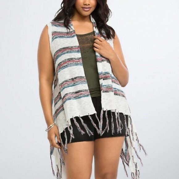 Torrid Striped Aztec Boho Open Front Fringe Sweater Vest, 1X - Picture 3 of 13